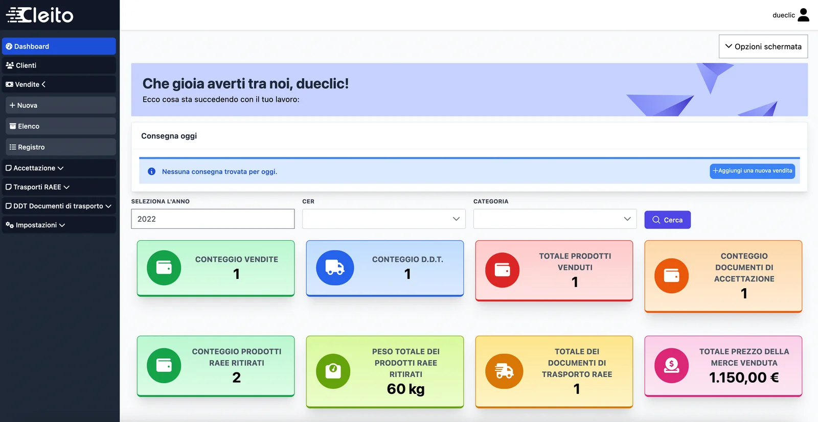 La dashboard di Cleito: vendite, consegne di oggi e totali dei rifiuti RAEE ritirati