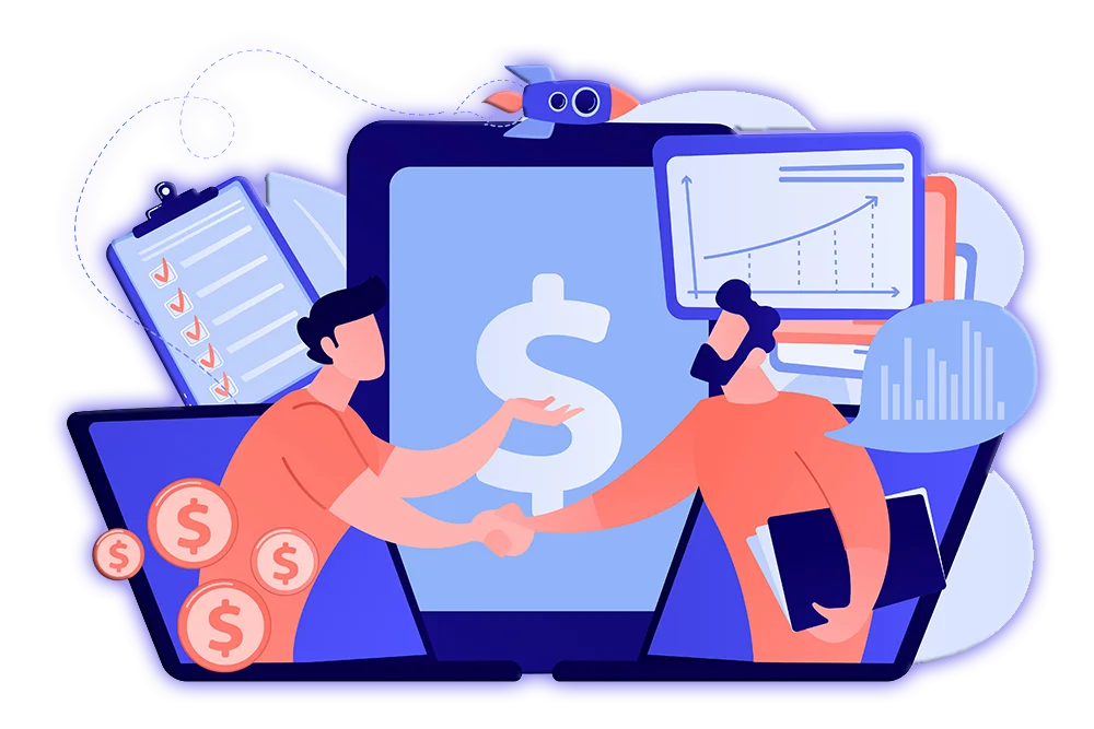Illustrazione: venditore e cliente si stringono la mano davanti a un portatile con grafici